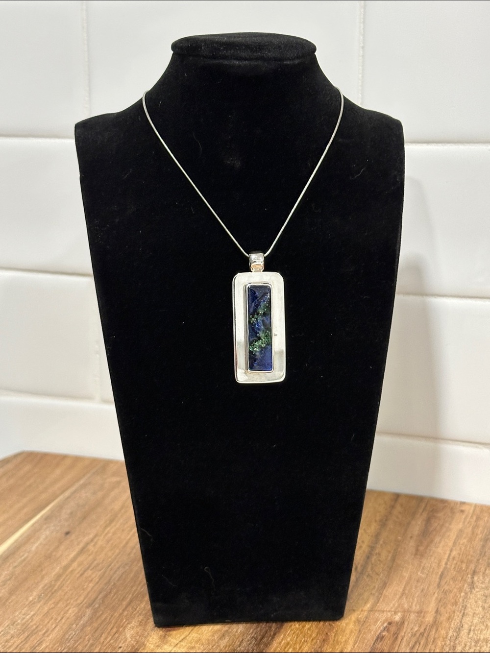 Sterling Silver Rectangular Azurite Malachite Pendant - Blue Green